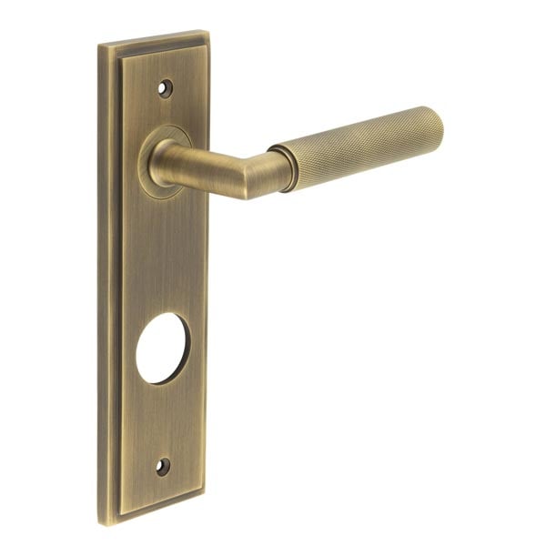 This is an image showing the Frelan - Piccadilly Door Handle Din Bathroom Backplate Antique Brass available to order from Trade Door Handles in Kendal