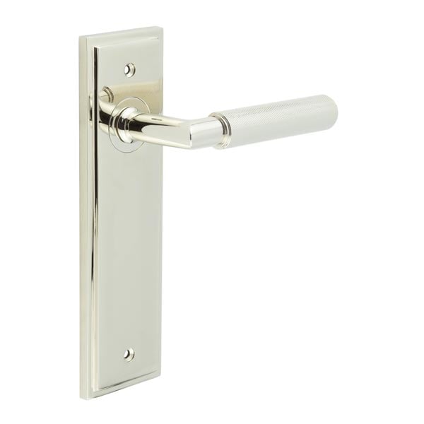 This is an image showing the Frelan - Piccadilly Door Handle Latch Backplate Polished Nickel available to order from Trade Door Handles in Kendal