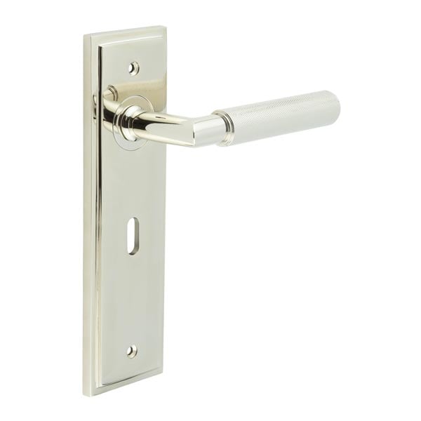 This is an image showing the Frelan - Piccadilly Door Handle Lock Backplate Polished Nickel available to order from Trade Door Handles in Kendal