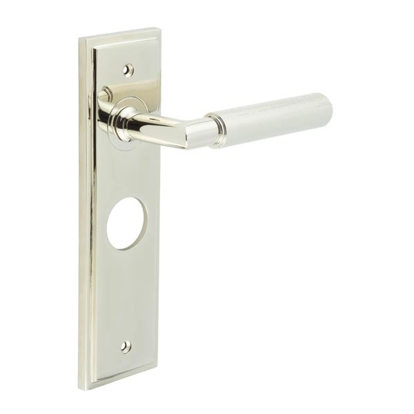 This is an image showing the Frelan - Piccadilly Door Handle Bathroom Backplate Polished Nickel available to order from Trade Door Handles in Kendal