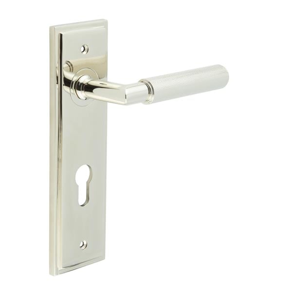 This is an image showing the Frelan - Piccadilly Door Handle Din Euro Backplate Polished Nickel available to order from Trade Door Handles in Kendal