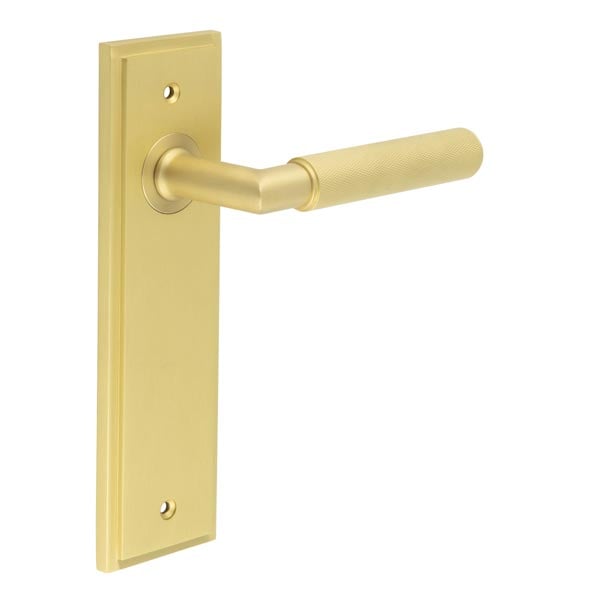 This is an image showing the Frelan - Piccadilly Door Handle Latch Backplate Satin Brass available to order from Trade Door Handles in Kendal