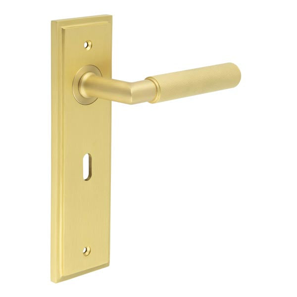 High quality image of Burlington - Piccadilly Door Handle Lock Backplate Satin Brass Sku. BUR40KIT243