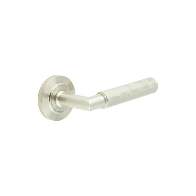 This is an image showing the Frelan - Piccadilly Door Handle on Chamfered Rose Satin Nickel available to order from Trade Door Handles in Kendal