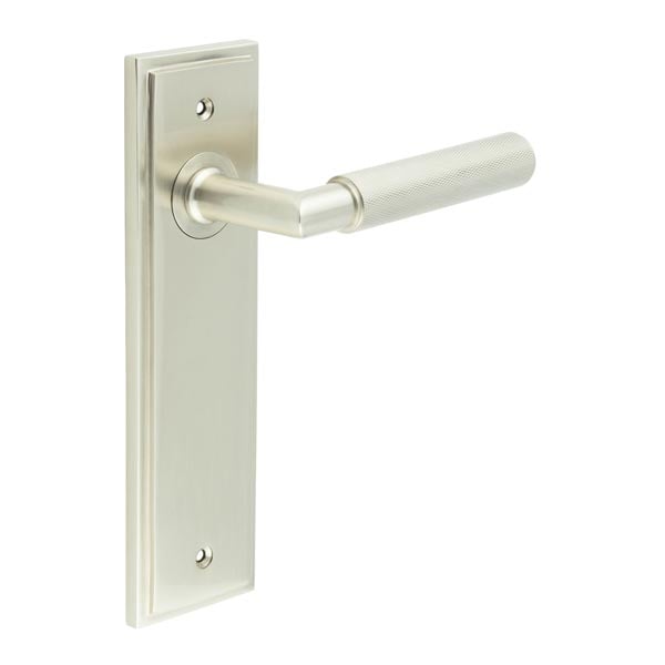 This is an image showing the Frelan - Piccadilly Door Handle Latch Backplate Satin Nickel available to order from Trade Door Handles in Kendal