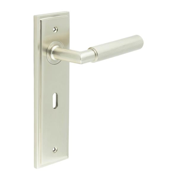 This is an image showing the Frelan - Piccadilly Door Handle Lock Backplate Satin Nickel available to order from Trade Door Handles in Kendal