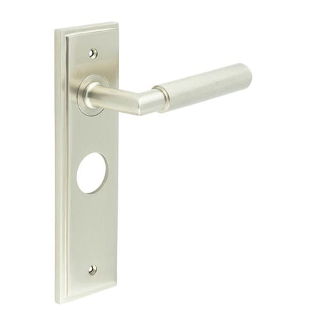 This is an image showing the Frelan - Piccadilly Door Handle Bathroom Backplate Satin Nickel available to order from Trade Door Handles in Kendal