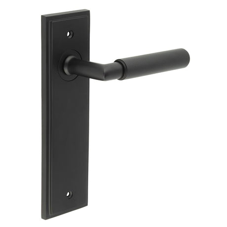 This is an image showing the Frelan - Piccadilly Door Handle Latch Backplate Black available to order from Trade Door Handles in Kendal