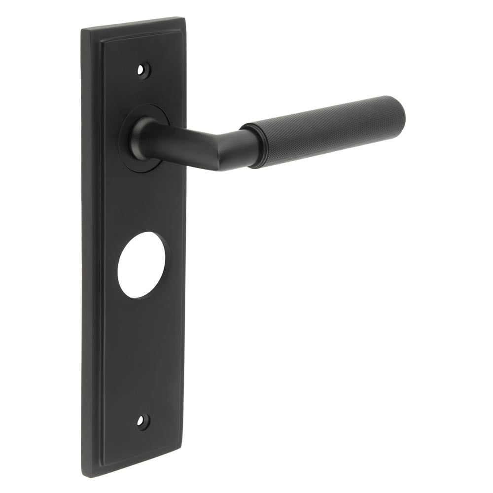 This is an image showing the Frelan - Piccadilly Door Handle Bathroom Backplate Matt Black available to order from Trade Door Handles in Kendal