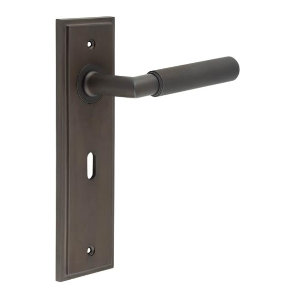High quality image of Burlington - Piccadilly Door Handle Lock Backplate Dark Bronze Sku. BUR40KIT87