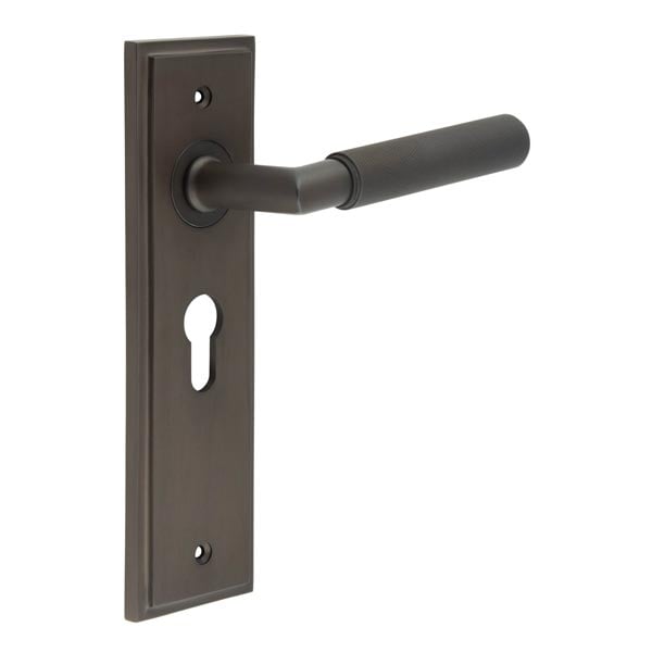 This is an image showing the Frelan - Piccadilly Door Handle Euro Backplate Dark Bronze available to order from Trade Door Handles in Kendal