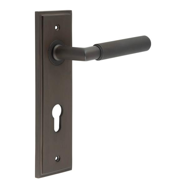 This is an image showing the Frelan - Piccadilly Door Handle Din Euro Backplate Dark Bronze available to order from Trade Door Handles in Kendal