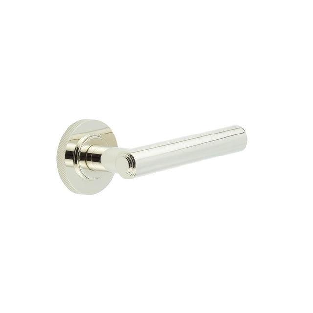 This is an image showing the Frelan - Richmond Door Handles Knurled Rose Polished Nickel available to order from Trade Door Handles in Kendal