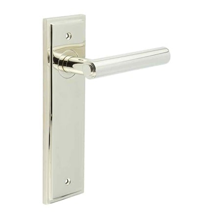 This is an image showing the Frelan - Richmond Door Handle Latch Backplate Polished Nickel available to order from Trade Door Handles in Kendal