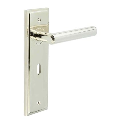 This is an image showing the Frelan - Richmond Door Handle Lock Backplate Polished Nickel available to order from Trade Door Handles in Kendal