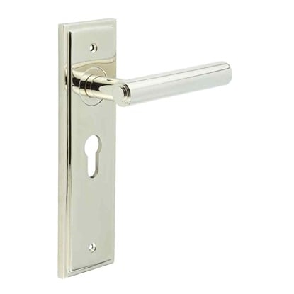 This is an image showing the Frelan - Richmond Door Handle Euro Backplate Polished Nickel available to order from Trade Door Handles in Kendal