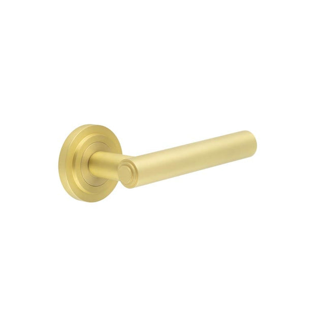 This is an image showing the Frelan - Richmond Door Handles Stepped Rose Satin Brass available to order from Trade Door Handles in Kendal