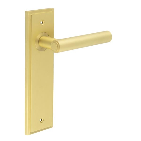 This is an image showing the Frelan - Richmond Door Handle Latch Backplate Satin Brass available to order from Trade Door Handles in Kendal