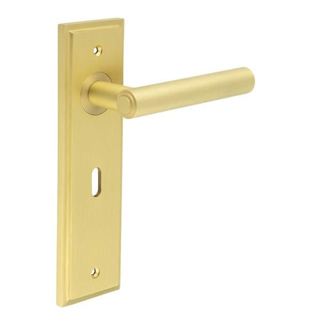 This is an image showing the Frelan - Richmond Door Handle Lock Backplate Satin Brass available to order from Trade Door Handles in Kendal