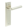 This is an image showing the Frelan - Richmond Door Handle Latch Backplate Satin Nickel available to order from Trade Door Handles in Kendal