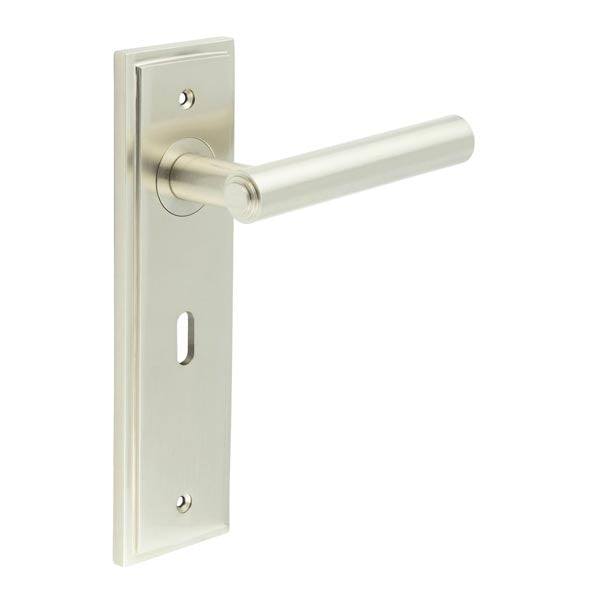 High quality image of Burlington - Richmond Door Handle Lock Backplate Satin Nickel Sku. BUR45KIT321