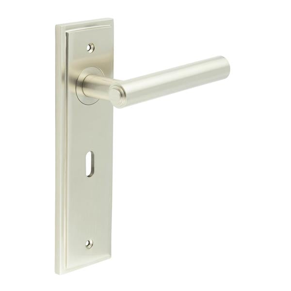 This is an image showing the Frelan - Richmond Door Handle Lock Backplate Satin Nickel available to order from Trade Door Handles in Kendal