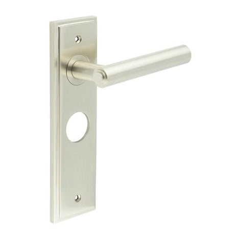 This is an image showing the Frelan - Richmond Door Handle Bathroom Backplate Satin Nickel available to order from Trade Door Handles in Kendal