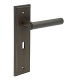 High quality image of Burlington - Highgate Door Handle Lock Backplate Dark Bronze Sku. BUR45KIT87