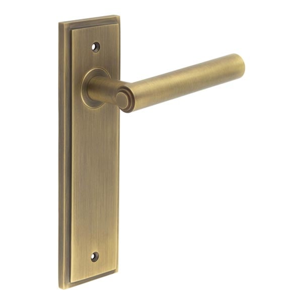 This is an image showing the Frelan - Richmond Door Handle Latch Backplate Antique Brass available to order from Trade Door Handles in Kendal