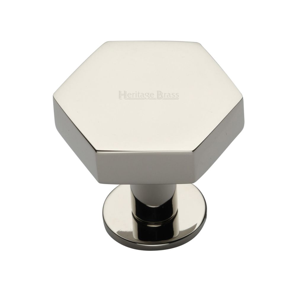 High quality image of Heritage Brass - Cabinet Knob Hexagon Design with Rose 38mm Polished Nickel Finish | Sku. c4345-38-pnf | Trade Door Handles, Kendal.