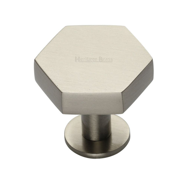 High quality image of Heritage Brass - Cabinet Knob Hexagon Design with Rose 38mm Satin Nickel Finish | Sku. c4345-38-sn | Trade Door Handles, Kendal.