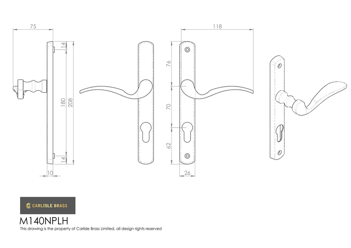 Carlisle Brass Door Furniture Polished Brass / Multi Point Lock Set / 70mm c/c Carlisle Brass - Scroll Lever on Narrow Plate L/H, 70mm C/C - Polished Brass