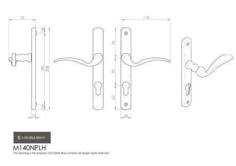 Carlisle Brass Door Furniture Polished Brass / Multi Point Lock Set / 70mm c/c Carlisle Brass - Scroll Lever on Narrow Plate L/H, 70mm C/C - Polished Brass