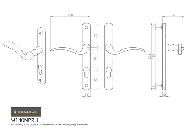Carlisle Brass Door Furniture Polished Brass / Multi Point Lock Set / 70mm c/c Carlisle Brass - Scroll Lever on Narrow Plate R/H, 70mm C/C - Polished Brass