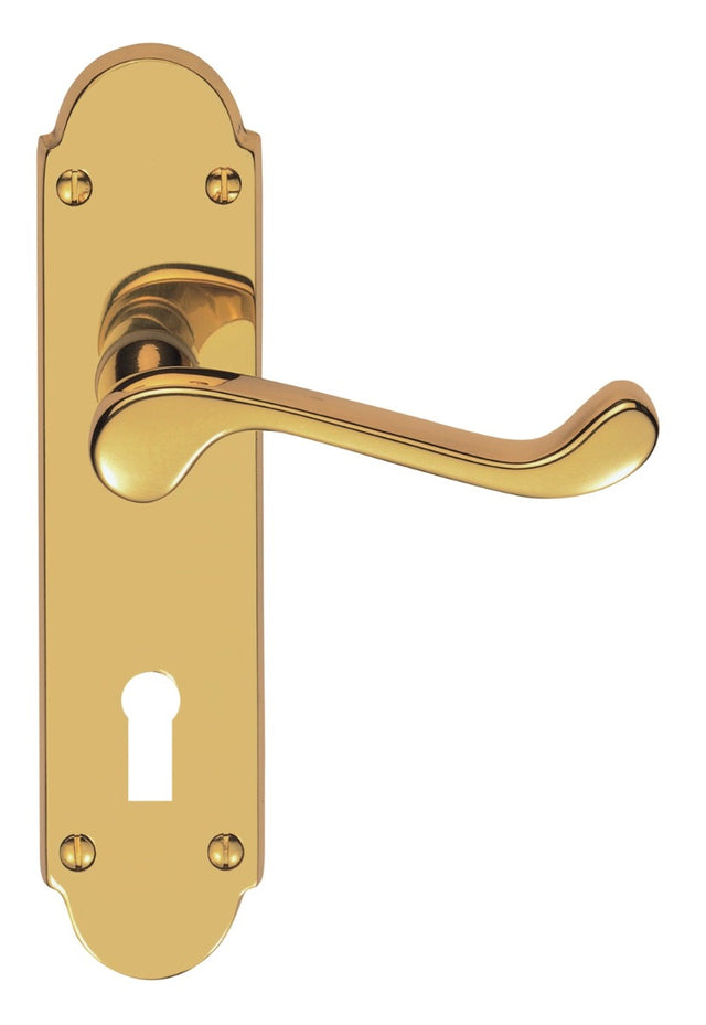 High quality image of Carlisle Brass - Victorian Scroll Lever On Shaped Backplate - Lock 57Mm C/C - Polished Brass | Sku. cbs68 | Trade Door Handles.