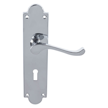 High quality image of Carlisle Brass - Victorian Scroll Lever On Shaped Backplate - Lock 57Mm C/C - Polished Chrome | Sku. cbs68cp | Trade Door Handles.