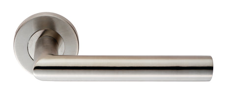 High quality image of Eurospec - Mitred Round Bar Lever on Sprung Rose - Satin Stainless Steel | Sku. csl1192sss | Trade Door Handles.