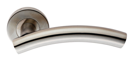 High quality image of Eurospec - Curved Lever on Sprung Rose - Satin Stainless Steel | Sku. csl1193sss | Trade Door Handles.