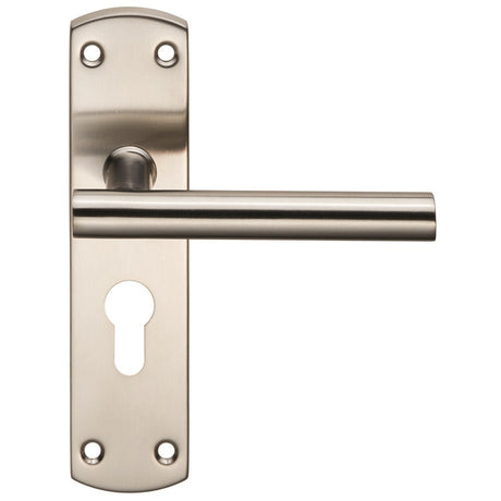 High quality image of Eurospec - Steelworx Residential T Bar Lever on Euro Lock Backplate - Satin Stai | Sku. cslp1164e-sss | Trade Door Handles.