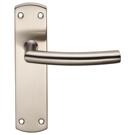High quality image of Eurospec - Steelworx Residential Arched Lever on Latch Backplate - Satin Stainle | Sku. cslp1167b-sss | Trade Door Handles.