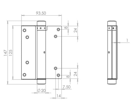 Technical drawing of of Frelan - Single Action Steel Spring Hinges 125mm Silver Sku. HG3003-5GY