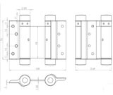 Technical drawing of of Frelan - Double Action Steel Spring Hinges 75mm Grey Sku. HG3005-3GY