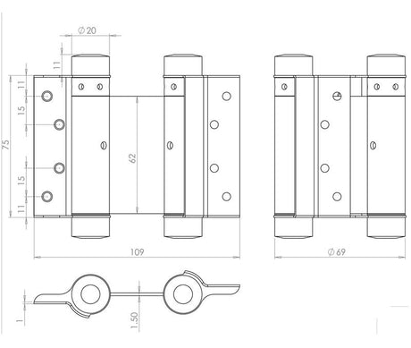 Technical drawing of of Frelan - Double Action Steel Spring Hinges 75mm Grey Sku. HG3005-3GY