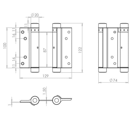 Technical drawing of of Frelan - Double Action Steel Spring Hinges 102mm Grey Sku. HG3005-4GY