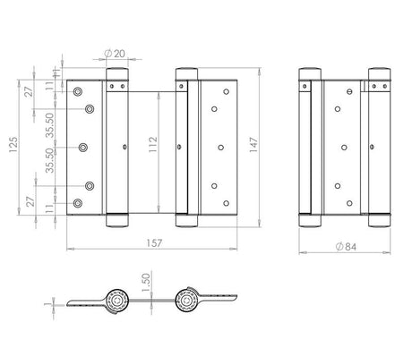Technical drawing of of Frelan - Double Action Steel Spring Hinges 125mm Grey Sku. HG3005-5GY