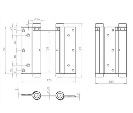 Technical drawing of of Frelan - Double Action Steel Spring Hinges 152mm Grey Sku. HG3005-6GY