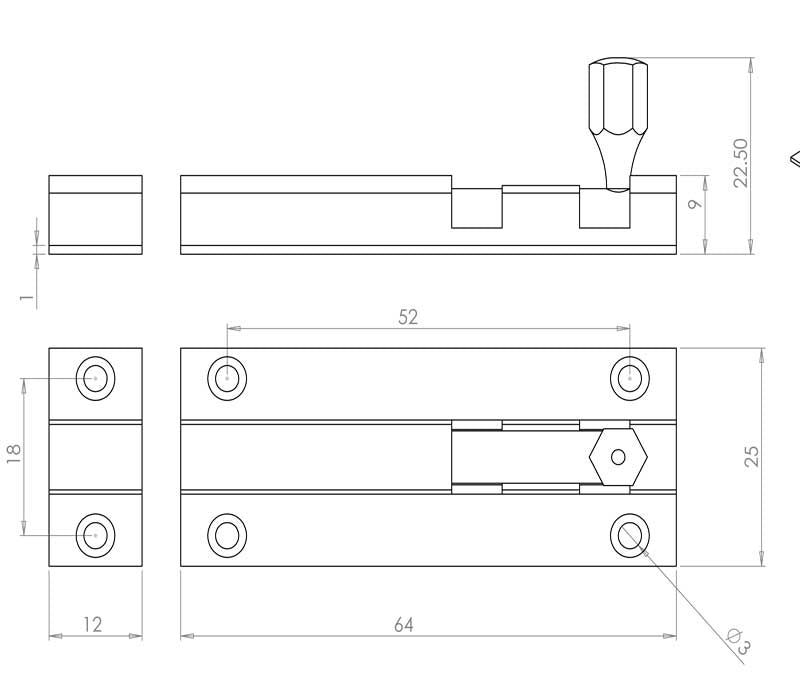 Technical drawing of of Frelan - Jedo Brass Straight Barrel Bolts 64x25mm Polished Chrome Sku. J1001CC