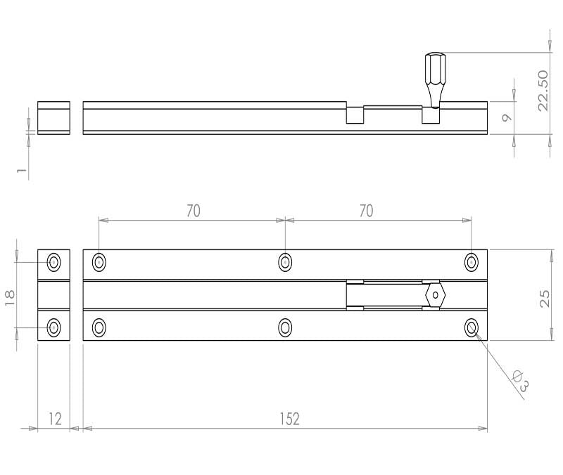 Technical drawing of of Frelan - Jedo Brass Straight Barrel Bolts 152x25mm Polished Chrome Sku. J1001CF