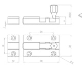 Technical drawing of of Frelan - Jedo Brass Straight Barrel Bolts 38x25mm Satin Chrome Sku. J1001DA