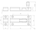 Technical drawing of of Frelan - Jedo Brass Straight Barrel Bolts 50x25mm Satin Chrome Sku. J1001DB